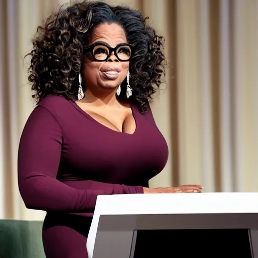 Image similar to oprah staring the camera seriously whilst holding up a mouse