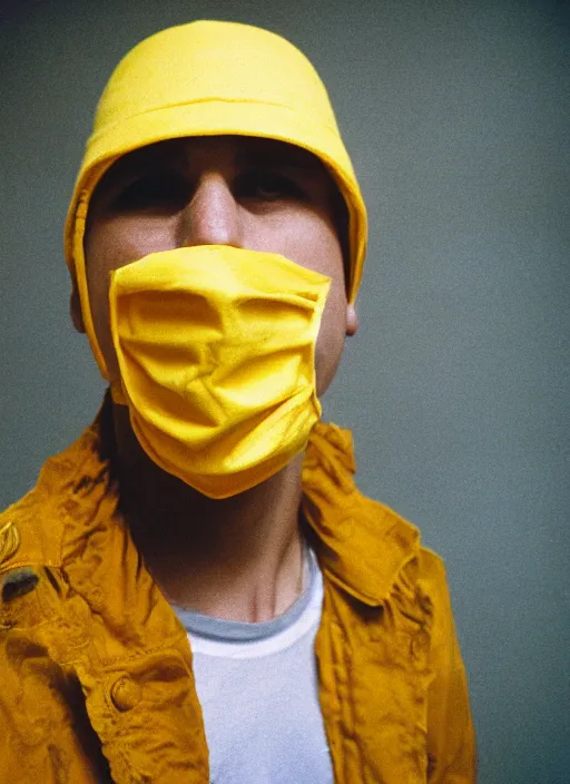 Prompt: a fashion portrait photograph of a man wearing a yellow mask designed by jean paul gaultier, 3 5 mm, color film camera, pentax