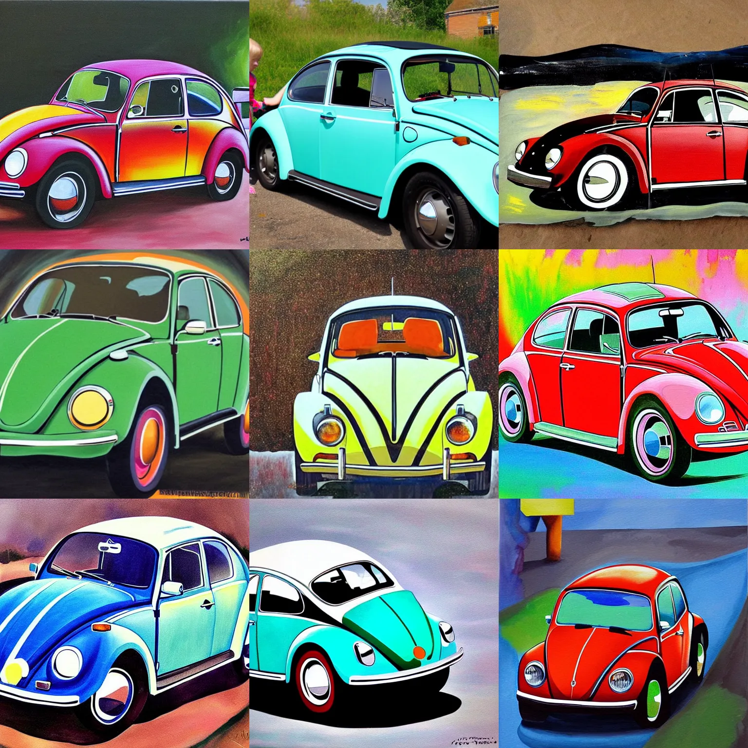 Prompt: painting of a 1970 vw beetle painted by a child