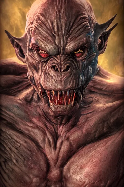 Image similar to full shot, humanoid orc demon alien wolf mash - up, photorealistic, 8 k uhd, unreal engine 5 rendered, portrait, extremly detailed, hyper realistic, extremely detailed, colorful by wayne barlowe