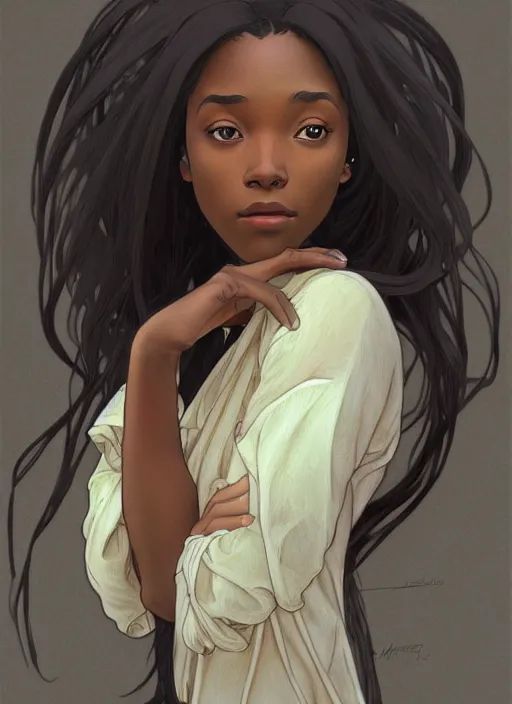 Prompt: pretty young black woman with shoulder length hair, path traced, highly detailed, high quality, digital painting, by studio ghibli and alphonse mucha, leesha hannigan, makoto shinkai, disney