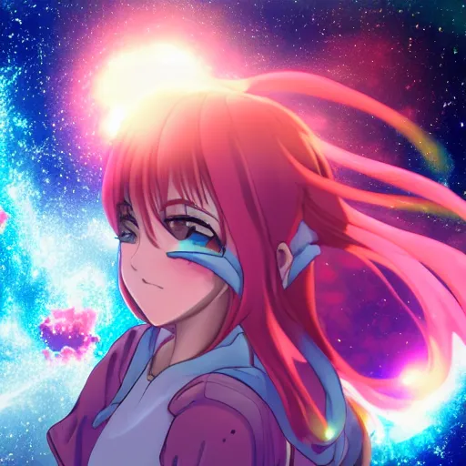 Image similar to anime girl in space staring at a nebula exploding in the distance, close-up side-view face shot