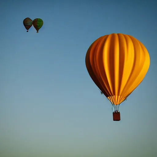 Image similar to flying house with a balloon, golden hour, light colors,