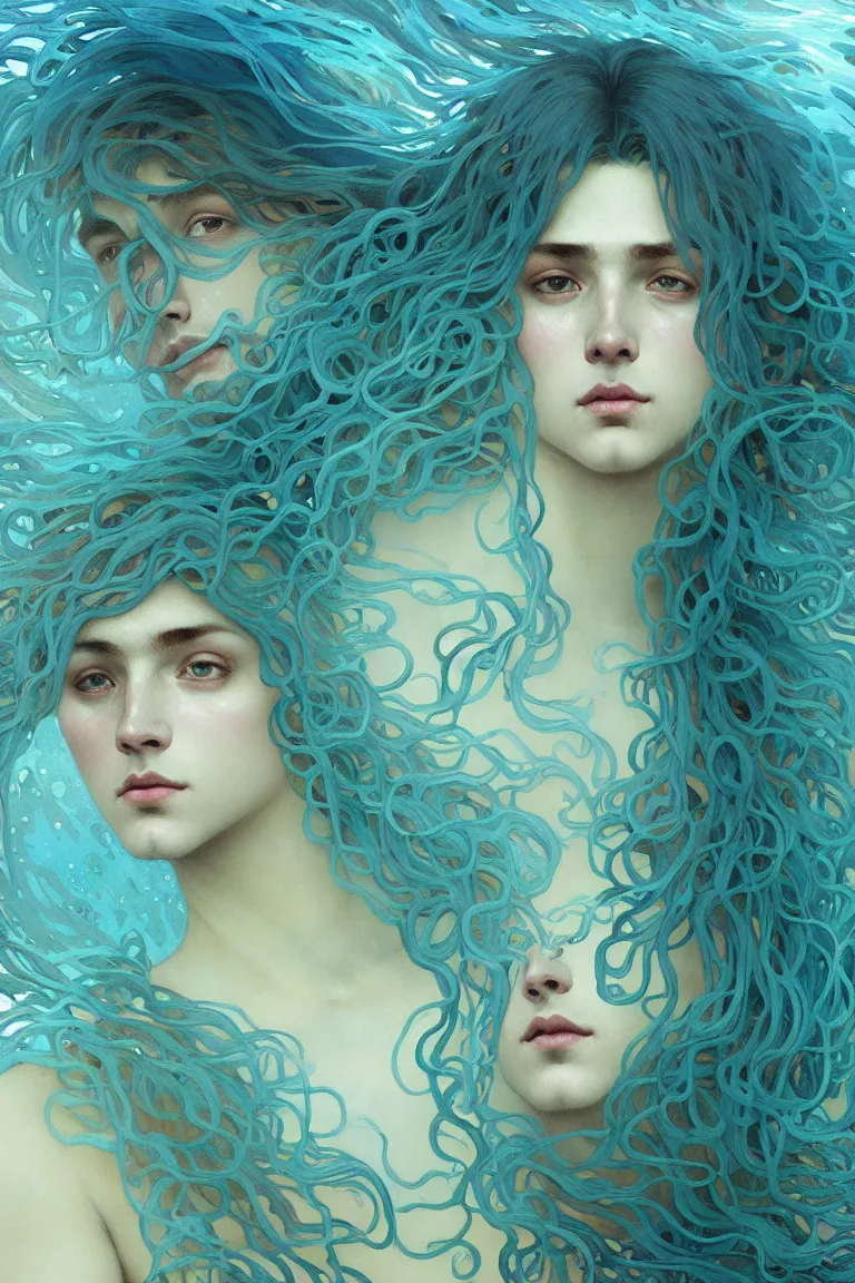 Prompt: portrait of a beautiful young fit male sea creature with long curly hairs and fish skin, dressed in fluent clothes made of seaweeds, by greg rutkowski and alphonse mucha, d & d character, gradient cyan to blue, underwater bubbles background, highly detailed portrait, digital painting, artstation, concept art, smooth, sharp focus ilustration, artstation hq