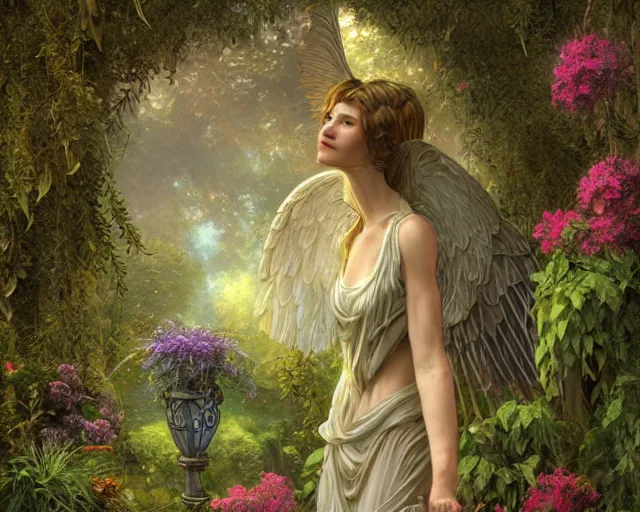 Image similar to a majestic winged male garden angel with a mossy beard, he is covered in vines and flowers standing in front of a beautiful cottage, a digital painting by thomas canty and thomas kincade and ross tran, art nouveau, atmospheric lighting, trending on artstation