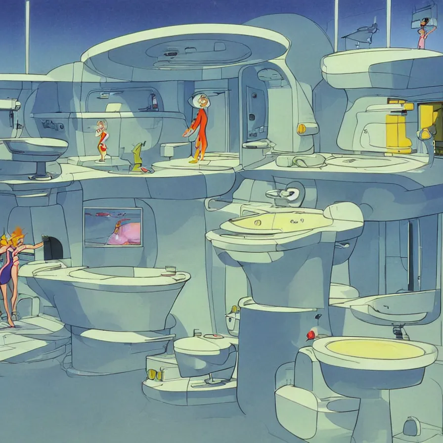 Image similar to concept art of jetsons cartoon bathroom, painted by tim white
