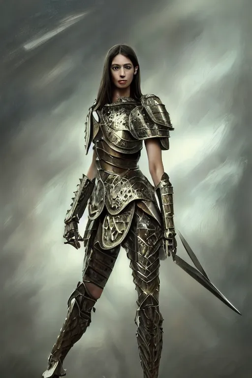 Prompt: a photorealistically painted portrait of an attractive young female, partially clothed in metal-plated battle armor, abstract background, flawless olive skin, fair complexion, long dark hair, beautiful bone structure, perfectly symmetric facial features, perfect photorealistic eyes, natural physique, intricate, elegant, digital painting, concept art, finely detailed, beautifully illustrated, sharp focus, minimal artifacts, volumetric lighting, from Metal Gear, by Ruan Jia and Mandy Jurgens and Artgerm and William-Adolphe Bouguerea, in the style of Greg Rutkowski, trending on Artstation, award winning art