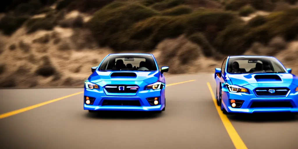 Prompt: photograph, 2015 Subaru WRX STi, cinematic, PCH, california coast, ocean view, 8k, depth of field, bokeh.