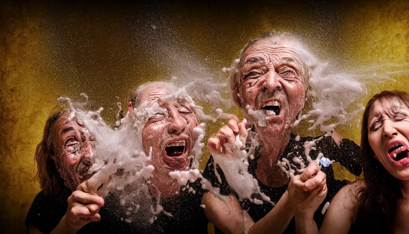 Prompt: o hyper realistic photo in a baroque hall, a weathered old man with a beautiful woman's screaming face, feedback loop, burst of powders, spraying liquid, volumetric lighting, twisting vapour, bellowing dust, emerging hands, full colour, upscale, 4 k