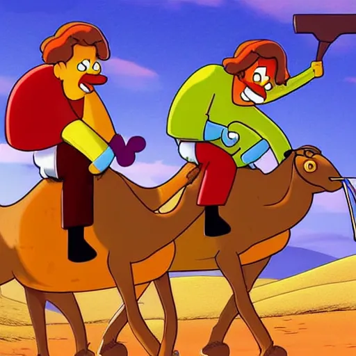 Prompt: Ned Flanders, Ronald McDonald, and Mr. Krabs storming Area 51 while riding on a camel wearing a basketball jersey