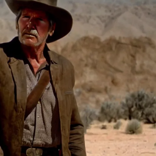 Prompt: harrison ford as the man with no name from the good the bad and the ugly ( higly detailed, still shot, cinematic, photo realistic, great quality )