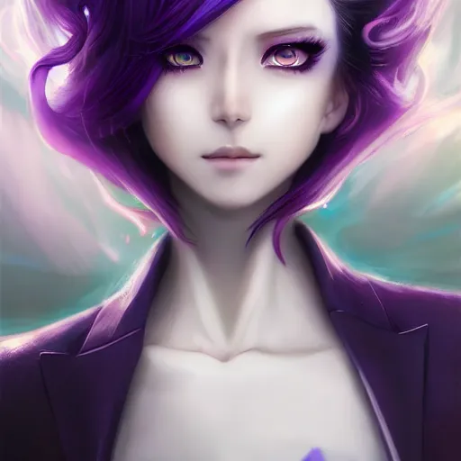 Image similar to beautiful anime woman with purple hair, ( ( ( ( ( unicorn horn ) ) ) ) ) ( ( ( purple eyes ) ) ), a purple tuxedo, sharp focus, intricate, cell shaded, award winning photography, cinematic, digital painting, cinematic, wlop, 8 k, by ross tran, tom bagshaw
