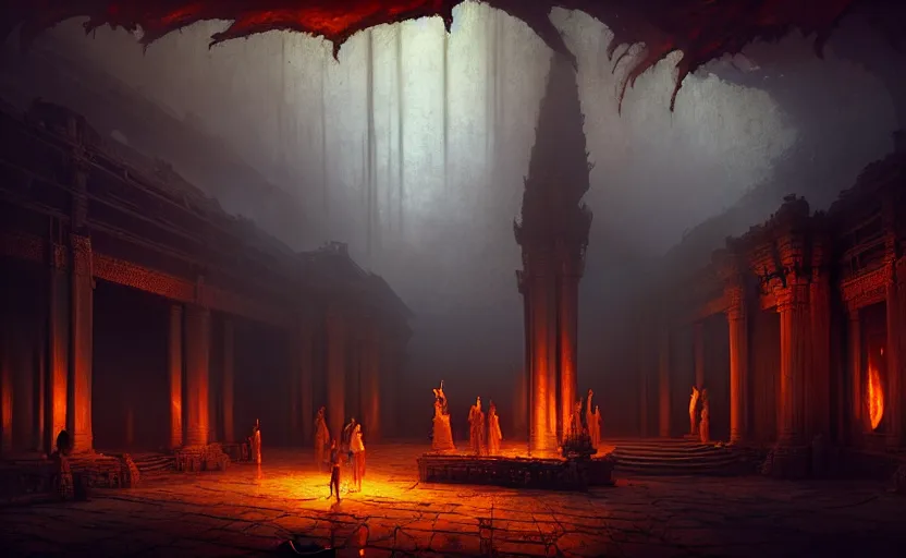 Prompt: The interior of an mytical and ancient temple dragons in ruins, fire light, atmospheric lighting, fog, mysterious, arem, intricate, elegant, volumetric lighting, digital painting, highly detailed, artstation, sharp focus, illustration, concept art, ruan jia, steve mccurry