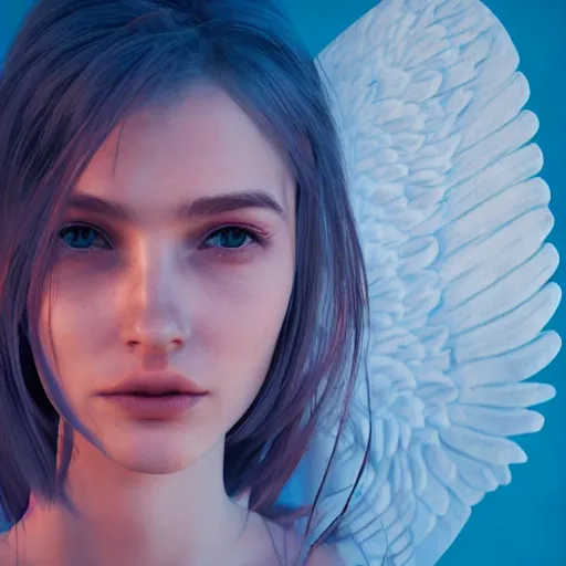Image similar to portrait art of female angel, art by alessio albi 8 k ultra realistic, angel wings, lens flare, atmosphere, glow, detailed, intricate, full of colour, led lighting, trending on artstation, 4 k, hyperrealistic, focused, extreme details, unreal engine 5, masterpiece