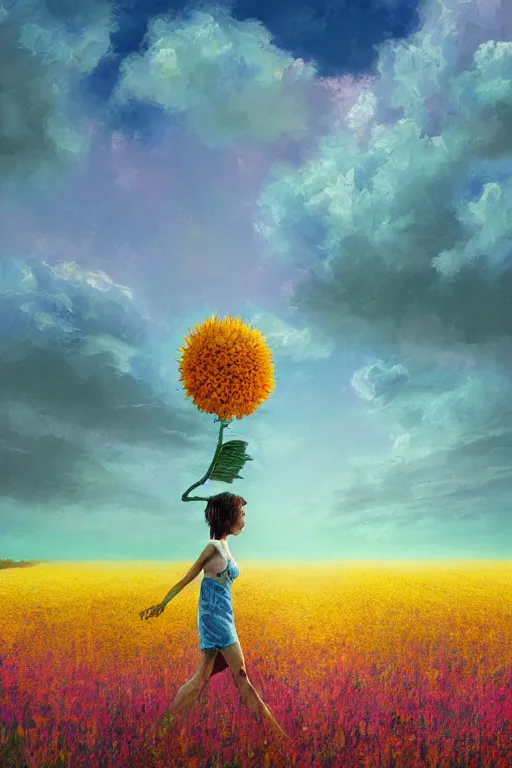 Image similar to giant corn flower head, girl walking in a flower field, surreal photography, sunrise, dramatic light, impressionist painting, colorful clouds, digital painting, artstation, simon stalenhag