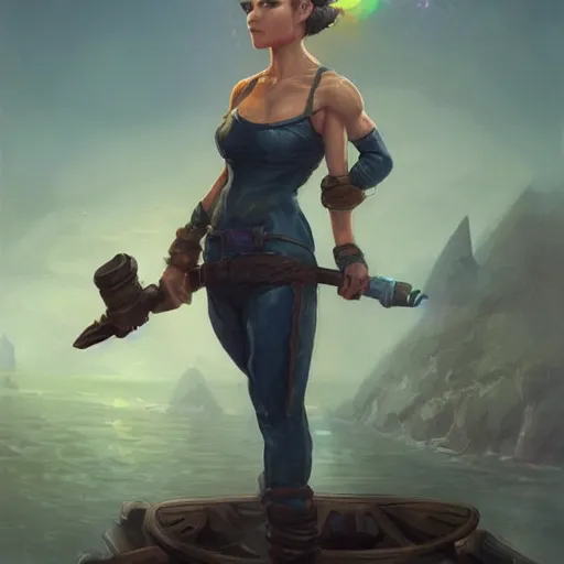 Prompt: beautiful muscular female gnome mechanic, casting lightning magic, short black pixie undercut hair, standing on ship deck, naval background, intricate, D&D, highly detailed, full body portrait, wide angle, digital painting, artstation, smooth, sharp focus, great composition, illustration, art by Greg Rutkowski, trending on artstation