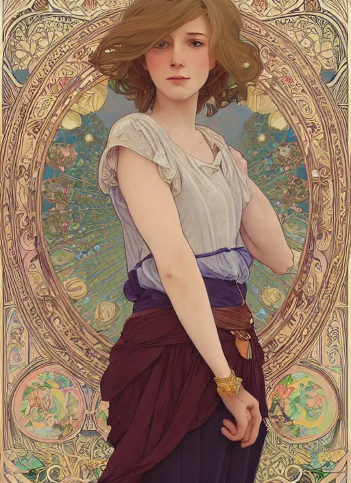 Prompt: pretty young man with shoulder length blond hair, half body shot, emotional, decorative flower patterned background, path traced, highly detailed, high quality, digital painting, by studio ghibli and alphonse mucha, leesha hannigan, hidari, disney, jules bastien - lepage, art nouveau, martine johanna