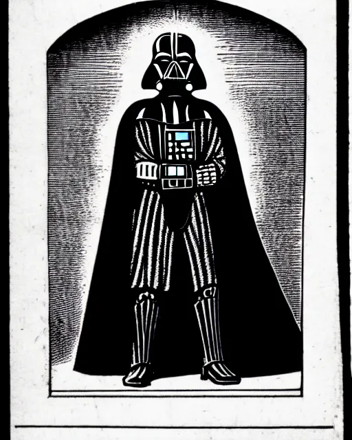 Image similar to b & w woodcut illustration of darth vader from the nuremberg chronicle, 1 4 9 3, restored, hq scan