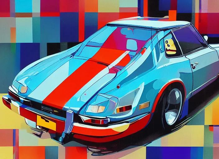 Image similar to a datsun 2 4 0 z in the art style of yaacov agam & amano, yoshitaka