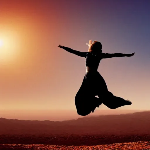 Image similar to cinematic still of silhouette of woman in Biblical clothing jumping for joy, beautiful middle eastern landscape with sunrise behind, Biblical epic movie directed by Steven Spielberg