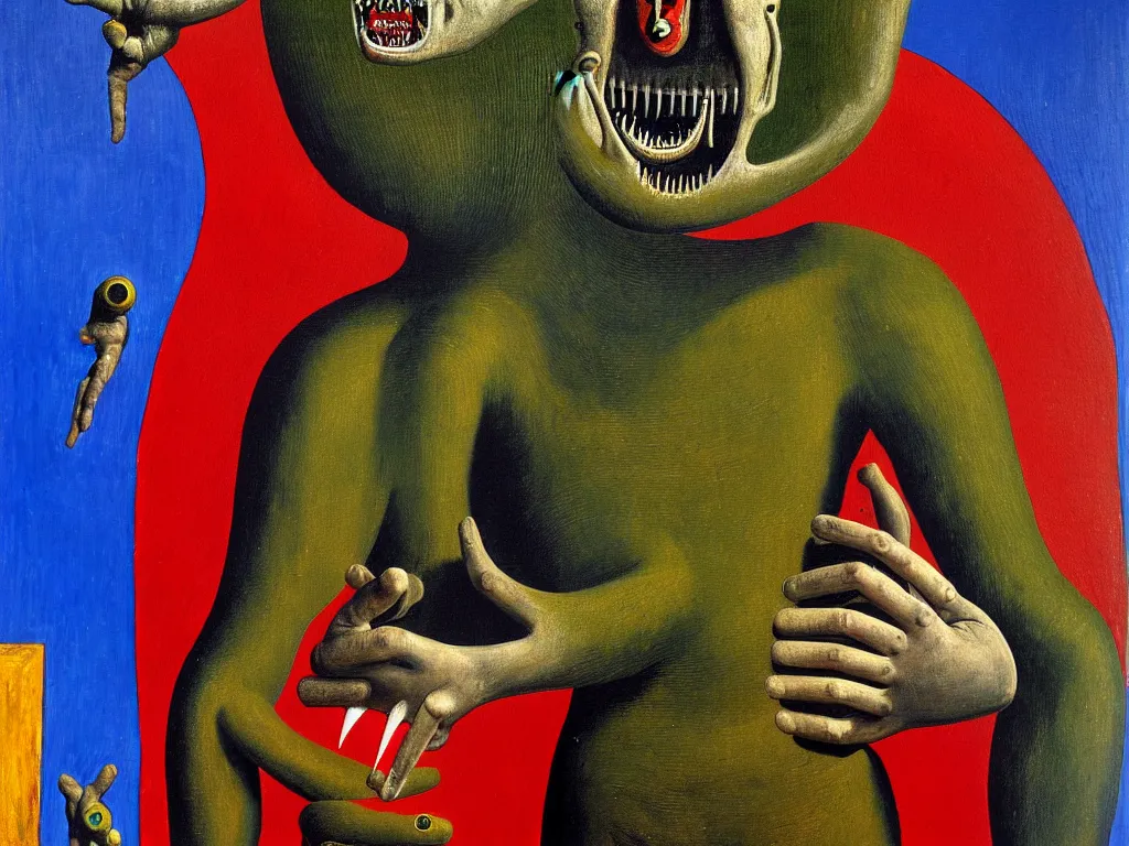 Image similar to a painting of a hominid with a hand face with a centered eye, mouth with sharp teeth centered on the belly, legs that melt into a foresthighly detailed, 4 k, art by max ernst