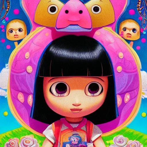 Prompt: portrait of dora the explorer as real girl in happy pose, detailed, intricate complex background, japanese Pop Surrealism, lowbrow art style, muted pastel colors, soft lighting, 50's looks by Mark Ryden,Yosuke Ueno,mucha, artstation cgsociety