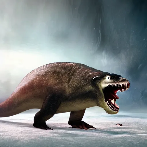 Image similar to a tyrannosaurus eating a baby harp seal, tropical jungle alien planet, genndy tartakovsky, primal, scary lighting, clear focus, very coherent