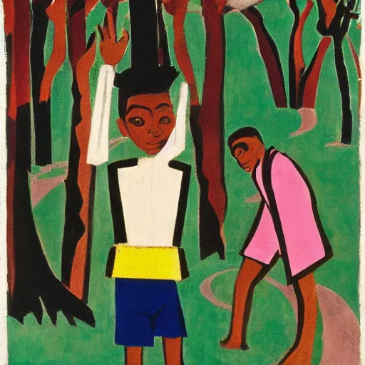 Prompt: a scenic view of a kid on a florest t with a ghost that shines near to a lake, pale light, a realistic colorful painting by Jacob Lawrence