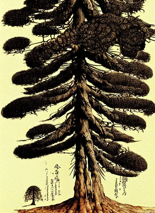 Prompt: anatomy of a single massive sequoia sempervirens cypress tree by leonardo davinci, yoshitaka amano, overgrown anatomical illustration from a journal, coarse paper by danish painter jens ferdinand willumsen, simple watercolor and pen illustration