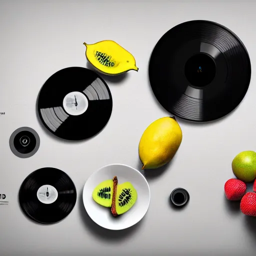 Image similar to vinyl player with vinyl record in shape of huge kiwi fruit, 4 k, optical illusion, unreal render, hyperrealistic textures, product shot, top view