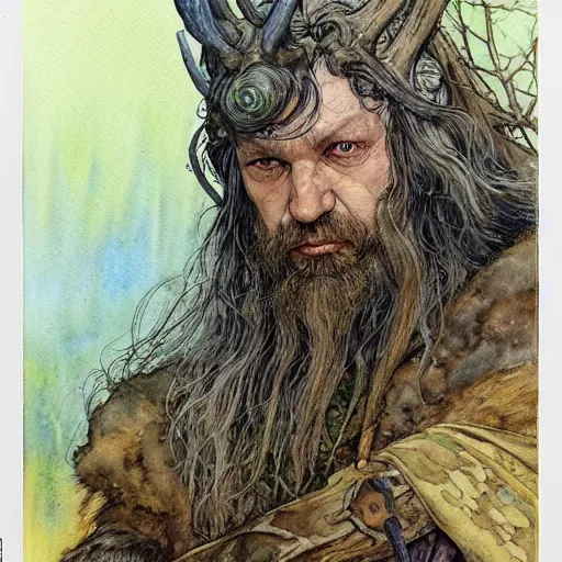 Image similar to a realistic and atmospheric watercolour fantasy character concept art portrait of paavo vayrynen as a druidic warrior wizard looking at the camera with an intelligent gaze by rebecca guay, michael kaluta, charles vess and jean moebius giraud