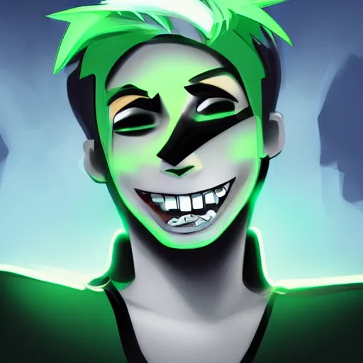 Image similar to A digital matte intricate illustration concept art of young Danny phantom with glowing green eyes and sharp teeth fangs alt art fashion inspired art by C