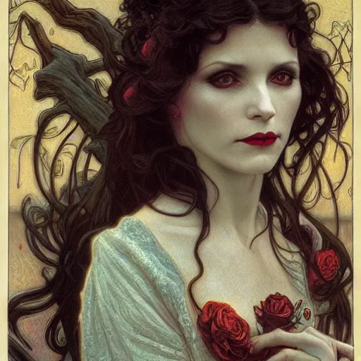 Prompt: portrait of a lady vampire, 35mm, 1920', depth of field, ominous, sharp, highly detailed, photorealistic, realistic, high definition, 8k, deviantart, donato giancola, irwin penn, Alphonse Mucha