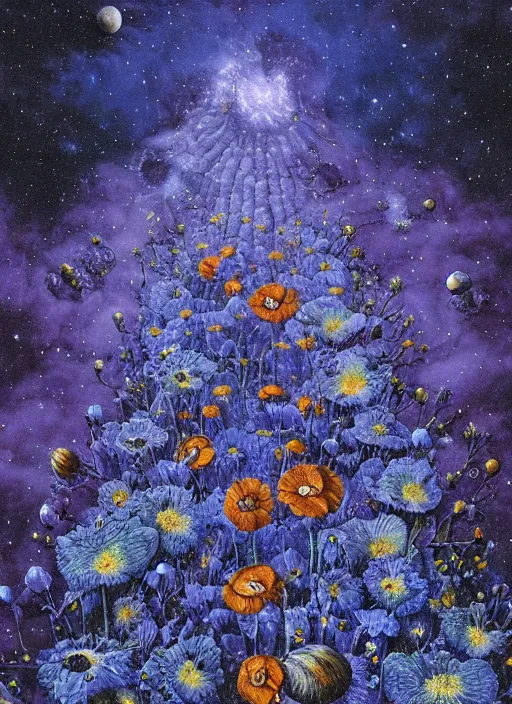 Image similar to detailed, intricate blue black and purple papaverum flower on the field, nebula, galaxy in the sky, winning award masterpiece, fantastically beautiful, illustration, aestheticly inspired, jacek yerka, upscale with anguissola sofonisba work, artstation, 8 k