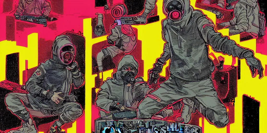 Prompt: detailed grainy risograph, detailed comic panel, saints gang which used yellow red hoodie battle with wolf gang which used grey hoodie and using wolf gasmask, dramatic situation, cyberpunk, vivid colors, by moebius and lehr paul and kim jung gi