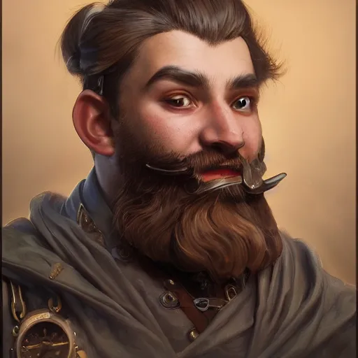 Prompt: portrait painting of a young male steampunk dwarf, highly detailed, digital painting, art by Stanley Lau and Artgerm and magali villeneuve and Alphonse Mucha, artstation, octane render, cgsociety