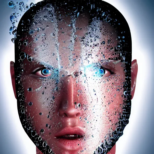 Prompt: a human head logo icon water art manipulation, white background, futuristic, glowing, hyper realistic, ray tracing, realistic water splashes, sharp focus, long shot, 8 k resolution, cinematic, photoshop art