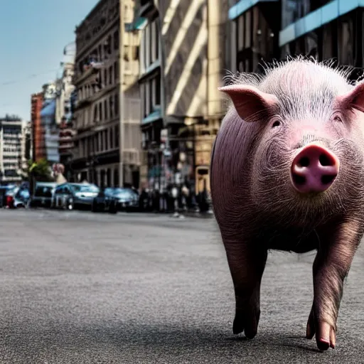 Image similar to award - winning hyperdetailed photograph of a giant!!!!!! pig walking across a city, 4 k, 8 k, high quality