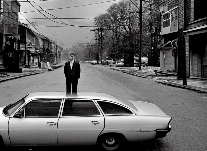 Prompt: a man standing next to a car on a city street, an album cover by Gregory Crewdson, featured on cg society, american realism, movie still, movie poster, criterion collection
