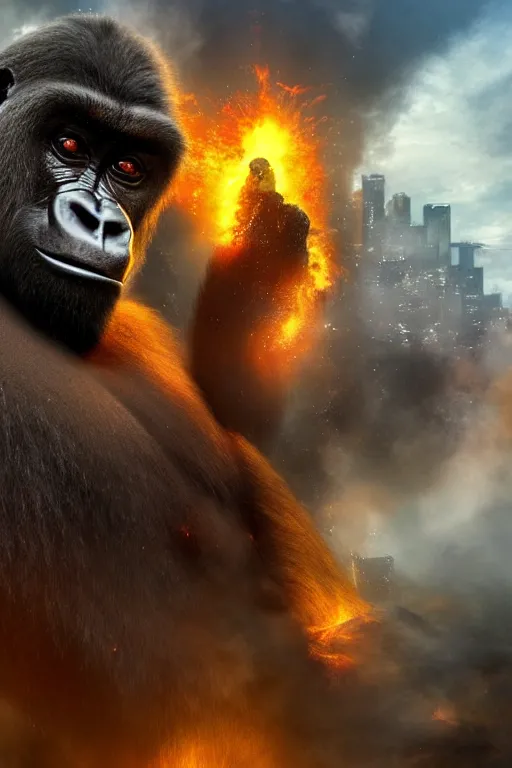 Prompt: concept art of huge gorilla be gorilla on burning tokyo city, cinematic composition, perfect lighting, art station trending