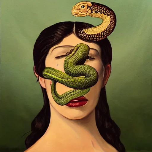 Image similar to a painting of a woman with a snake on her head, an album cover by richard mortensen, tumblr, transgressive art, grotesque, freakshow, strange