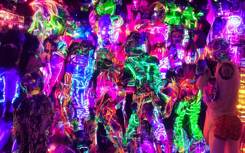 Image similar to love, diverse neon cybersuits, from behind, wide wide angle, vivid, elaborate, highly detailed, beautiful lighting