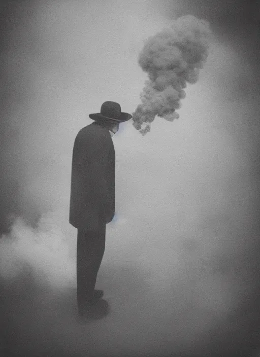 Prompt: mysterious man in suit and hat shrouded in smoke, in a big industrial city metropoli with a cloudy sky, polaroid artistic photo