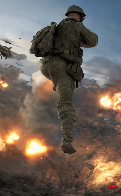 Image similar to gopro footage of d - day, with soldiers and explosions, ultra realistic, unreal engine, cgi rtx style chrome reflexion global illumination ray tracing hdr arstation pixar and disney unreal,