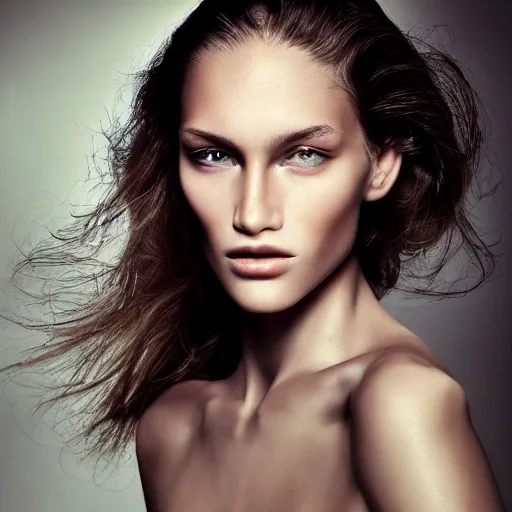 Image similar to portrait photography of world top model by annie leibovitz, perfect facial symmetry, dim volumetric cinematic lighting, 8 k, post - processing, extremely hyper - detailed, intricate, epic composition, masterpiece, stunning,