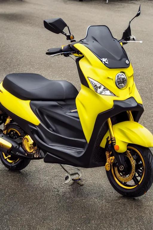 Image similar to photo of suzuki hayate ss with black and yellow paintjob, vietnam traffic background, golden hour, 5 6 0 ccm, race style, custom scooter, dslr, 8 5 mm, f / 1. 3