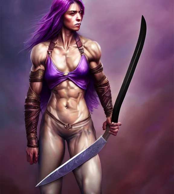 Image similar to muscular female warrior holding giant dagger, perfect face, diadem, black halter top, purple hair, abs, cinematic, blush, stunning, athletic, strong, agile, highly detailed, psychedelic, digital painting, artstation, smooth, hard focus, illustration, art by jessica rossier and and brian froud
