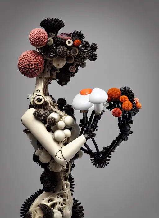 Image similar to biomechanical mannequin carrying perfume bottle, black corals table made of corals, mushrooms, puffballs, rhizomorphs in an ivory room well contoured smooth fair walls, up close shot, sharp focus, global illumination, radiant light, alexandre ferra white mecha, irakli nadar, octane highly render, 4 k, ultra hd,