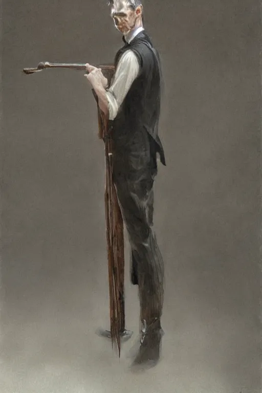 Prompt: skinny man with a cane, long dark hair, 1 9 2 0 s fashion, elegant, highly detailed, intricate, smooth, sharp focus, artstation, digital paining, concept art, art by donato giancola, greg rutkowski, artgerm, cedric peyravernay, valentina remenar, craig mullins