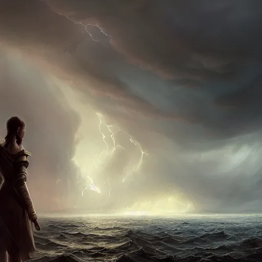 Prompt: concept art, facing the back of a womand standing alone in the middle of a sea storm, thunderstom, rain, medieval, dark concept art, painting by wlop, nixeu and greg rutkowski, beautiful, semirealism, artstation, octane render, sharpness, 8 k, golden ratio